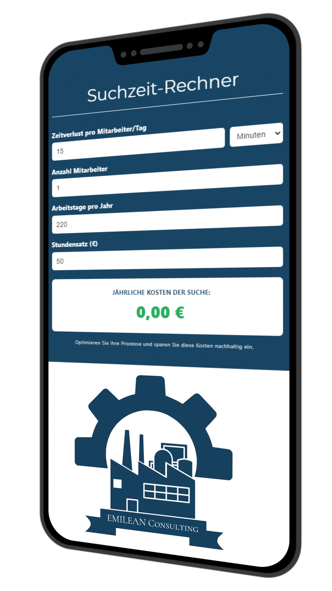 Beispielrechnung Suchzeit-Kosten Suchzeit-Rechner zeigt jährliche Kosten von 33.000 € durch Zeitverlust im Unternehmen.